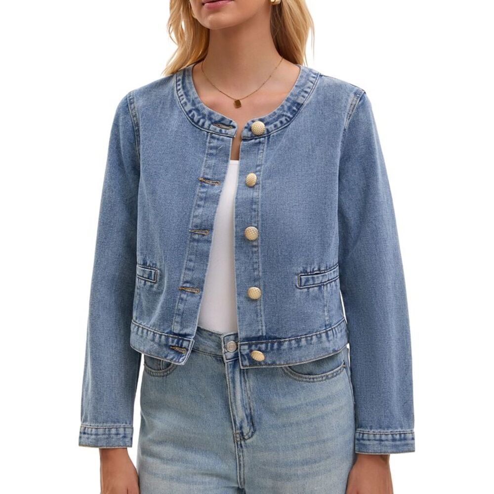Women's Collarless Denim Jacket Sky Blue